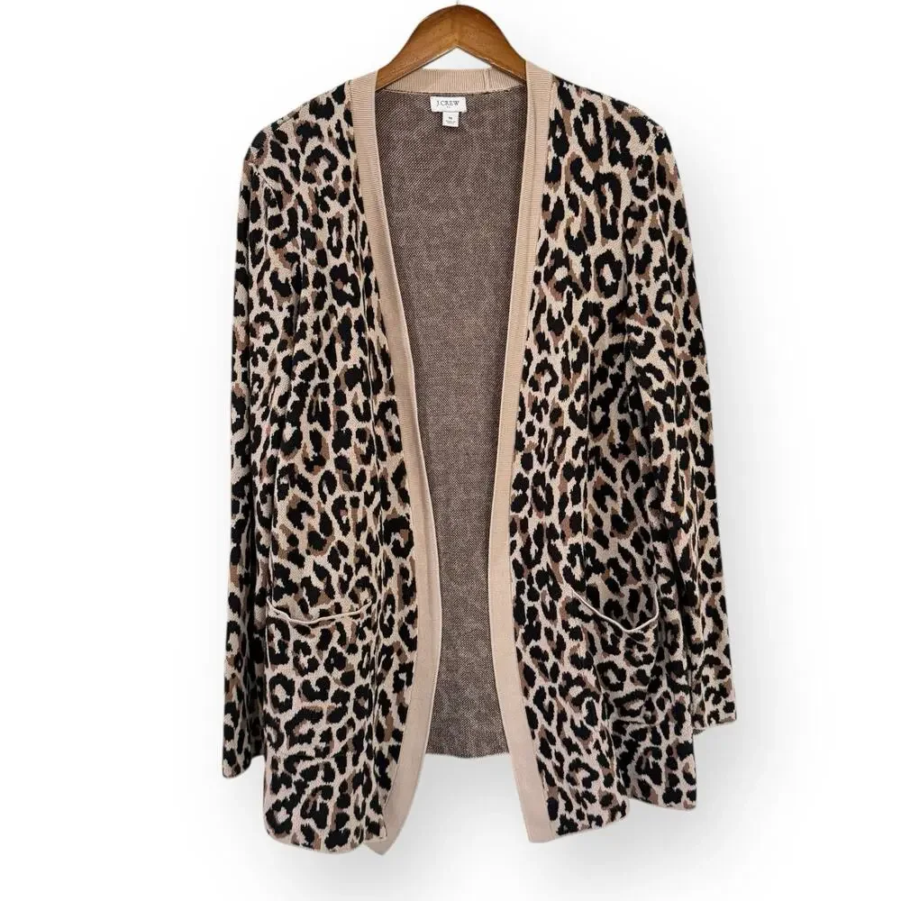 J Crew Leopard Print Cardigan M Long Open Front Cotton Mob Wife Animal print